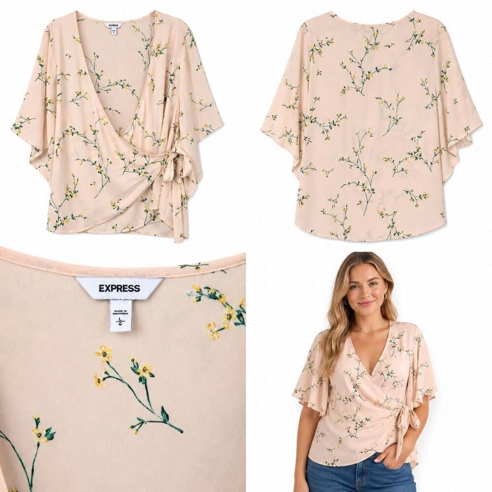 Express Floral Wrap Blouse Kimono Sleeve Large